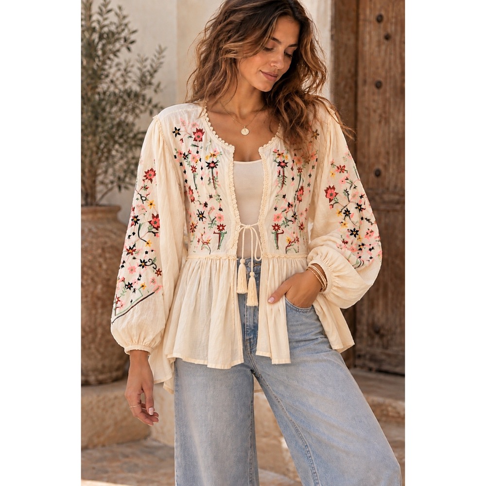 Cato Women XL Cream Embroidered Floral  Boho Peplum Blouse Balloon Sleeve